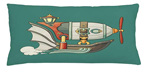 Lunarable Zeppelin Throw Pillow Cushion Cover, Abstract Cartoon Airship Steampunk Themed Balloon and Propeller Cartoon, Decorative Square Accent Pillow Case, 36