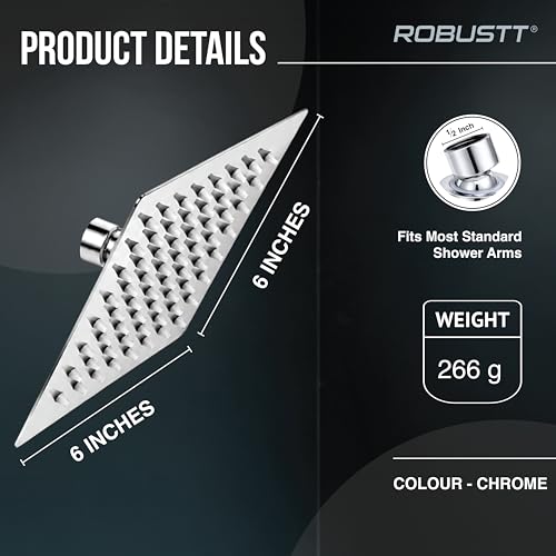 Image of Robustt High Pressure Shower Head for Bathroom Overhead with 64 Anti Clog Silicone Nozzles | 6x6in Square Bathroom Shower Head, 360 Swivel, Easy Clean, Rust Resistant Chrome Finish