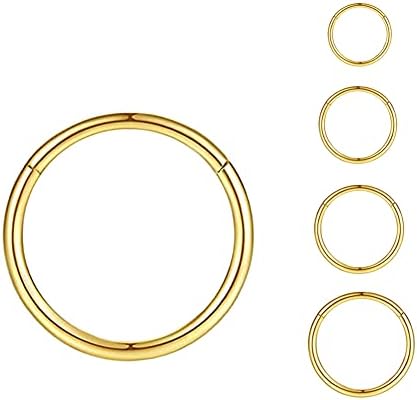 4Pcs 18G Surgical Stainless Steel Gold Nose Ring Hinged Hoop Nose Ring Clicker Septum Cartilage Helix Daith Tragus Hoop Earrings Hypoallergenic Body Piercing Hoop for Women Girls Men(18G Gold)