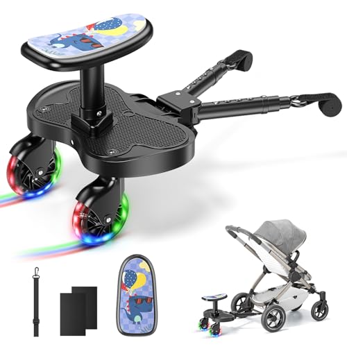 BugyKido Buggy Board con ruedas LED, plataforma para cochecito con asiento de dinosaurio, para niños de 2 a 6 años (25kg), compatible con el 99% de todos los cochecitos