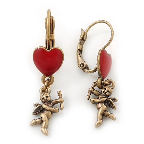Boucles d'oreilles cœur et ange vintage en émail rouge passion - 4