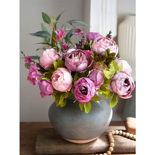 Image of FiveSeasonStuff Soft Peach Pink and Magenta Red Vintage Artificial Peonies Silk Flowers and Hydrangeas for Wedding Bridal Home Decor - Beautiful Floral Centerpiece Bouquet (Celestial Beauty)