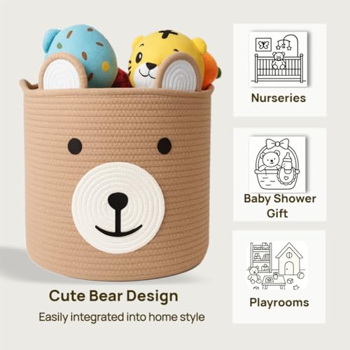 Image of Baby Laundry Basket, Bear Basket, Baby Shower Baskets, Bear Gift Baskets for Kids, Nursery, Toy Storage, Cotton Rope Hamper with Handles (Light Brown, 13 inch D x 15 inch H)