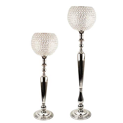Crystal Orb Candle Holder with Tabletop or Floor Standing Metal Candle Stand - Gold and Silver - Perfect for Classic Elegant Home Decor Special Events Large Silver