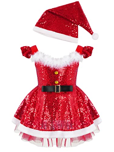 MSemis Baby Weihnachten Kleid Mädchen Prinzessin Pailletten Weihnachtskleid Glitzer Skaterkleid Eiskunstlauf Kleid Tanz Partykleid Rot 74-80