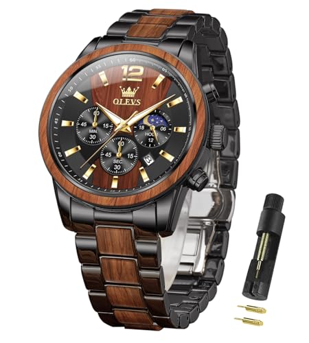 OLEVS Watches for Men Original Wood Accent Quartz Chronograph Luxury Casual Stainless Steel Waterproof Date Mens Wrist Watch