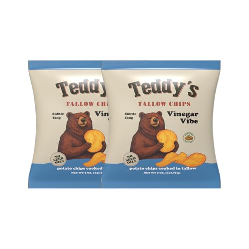 Teddy’s Tallow Chips Vinegar Vibe Potato Chips – Cooked In Premium Beef Tallow With Tangy Vinegar Seasoning – Crispy Crunchy Chips, Simple Ingredients - Salt & Vinegar Flavor – 5 oz Bag (2 Pack)
