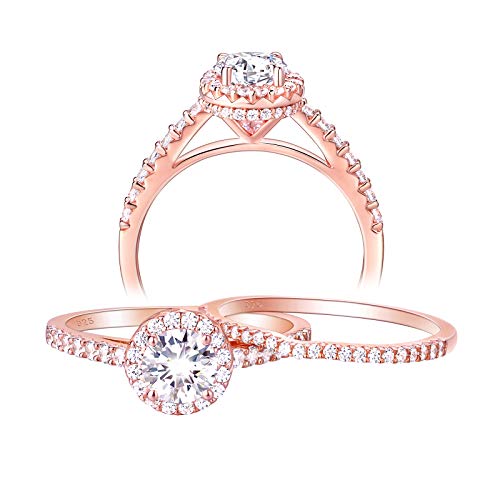 Newshe Wedding Rings for Women Engagement Ring Set Rose Gold Sterling Silver 1.3Ct Cz Halo Size 10