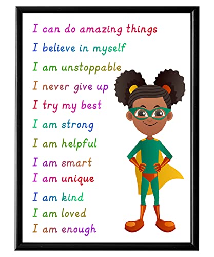 Superhero Motivational Wall Art - 11x14 - Colorful Inspirational Wall Decor - Positive Quotes for African American Girls Room - Self affirmation Gift for Kid Children Daughter - You Are Enough Print