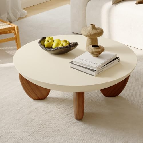 Homary Table Basse Ronde en Béton avec Pieds en Bois de Noyer, Table Centrale Moderne Minimaliste Finition Ciment pour Salon