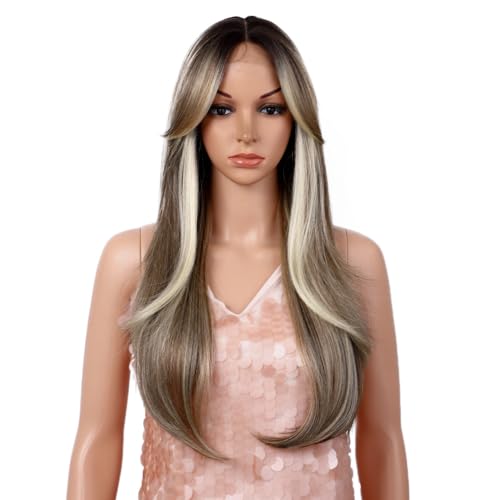 Style Icon Long Layered Wave Lace Front Wigs with Curtain Bangs 26 Inches Highlight Blonde Straight Hair Synthetic T Part Lace Wig (NTSA4/10/23B/613C) - Image 4