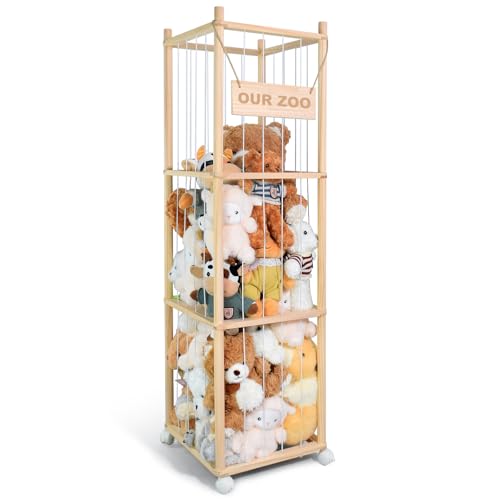 Stuffed Animal Storage, Wooden Cute Zoo Toy Holder with Brake Wheels, Space Save Toy Organizer, Large Capacity Stuffed Animal Holder, Perfect for Nursery Playroom Kidroom Bedroom-54 Inch