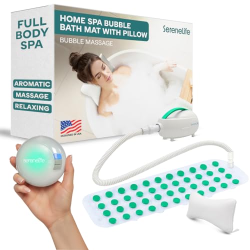 SereneLife Bubble Bath Mat - Portable Spa Bubble Bath Massager with Waterproof Bath Light & Pillow, Adjustable Bubble Intensity, Easy Button Control, Remote Control