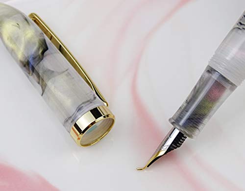 Lanxivi S1 Fountain Pen Bent Nib Fude Pen, Fine To Broad Size,Gray Marble Celluloid With Pen Pouch #TOP1