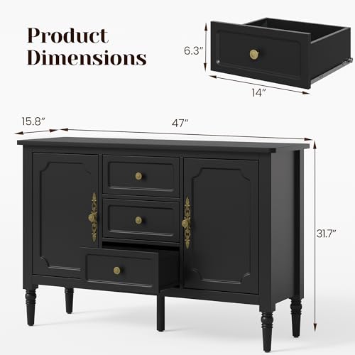 Image of FansaFurn Mid-Century Buffet Cabinet with 2 Doors & 3 Drawers, Accent Sideboard Cabinet with Adjustable Shelves & Turned Legs, Great Storage Cabinet for Living Room, Dining Room, Entryway, Black