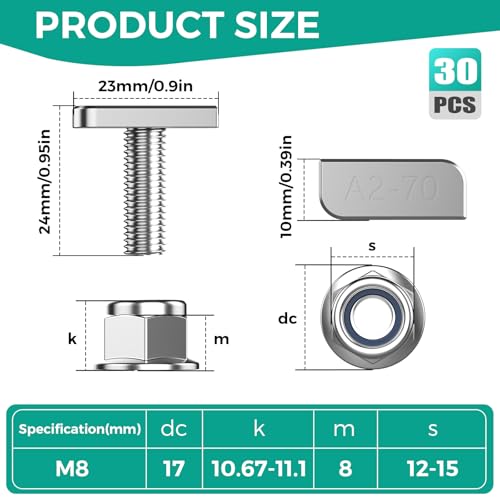 BREANIFULL 30 Stück T Schrauben mit Sperrzahnmuttern T Hammerkopfschrauben mit Flanschmutter M8 x 20mm Hammerkopfschrauben Gewächshaus Schrauben für PV Solar Montageschienen Photovoltaik