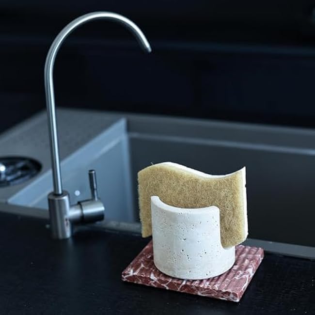Travertine Marble Sponge Holder for Kitchen Counter - Natural Stone Dish Drying Rack, Sponge Caddy for Sink Organizer - Durable & Stylish Kitchen Decor
