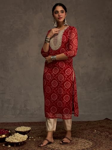 Image of INDO ERA Women's Georgette Leheriya Printed Straight Calf Length Kurtas (IEAI12232)