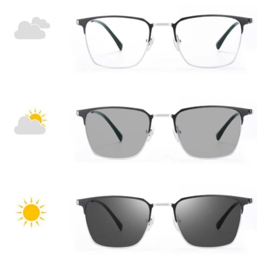 Titanio Gafas de Lectura Fotocrómico Gafas de Sol HD Gafas de computadora Moda Ultraligero Rectangulares Negro Marco,Hombre(Size:+3.0)