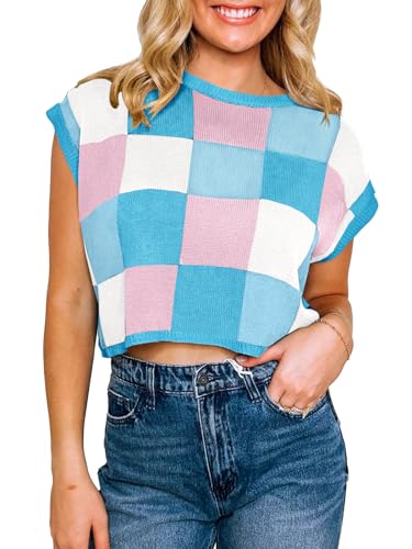 Image of Saodimallsu Womens Cap Sleeve Crop Tops Summer Color Block Going Out Crew Neck Knit Trendy Casual Sweater