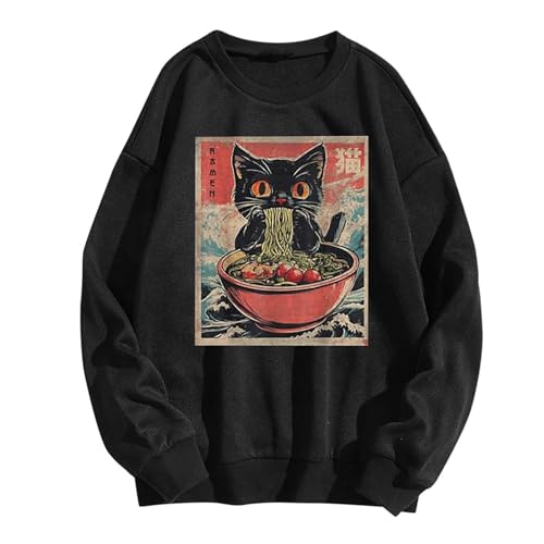 Cat Ramen Japonés Divertido Gráfico Camisetas Lindo Gato Anime Sudaderas con capucha Chaquetas Mujer, Negro , XXL