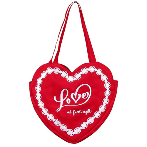 MIKI WELL Heart Shaped Embroidered Women Tote Bag - Reusable Canvas Shoulder Bag for Shopping, Working and Reading (Red)