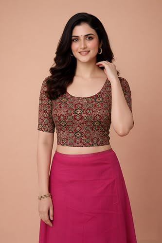 Image of Amazon Brand - Anarva Women's Kalamkari Print Cotton Stretchable Round Neck Readymade Saree Blouse