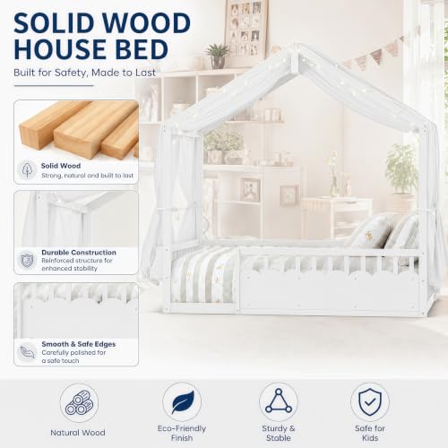Image of Bellemave Full House BedFrame with Canopy, Montessori House Bed with LED and Bookshelf and Rails for Kids, White