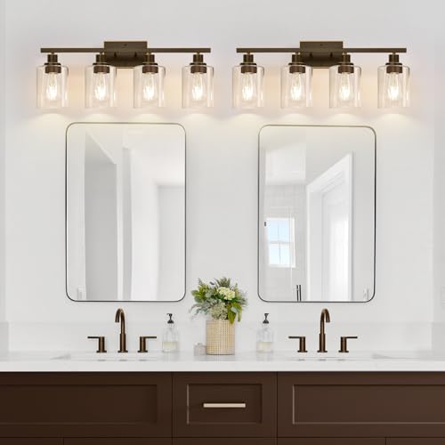 Image of MOKATNG 4-Light Bathroom Light Fixtures, Vanity Light with Clear Glass Shades, Oil-Rubbed Bronze Bathroom Light Fixtures Over Mirror, Modern Bathroom Wall Lamp for Mirror Living Room Cabinet Bedroom