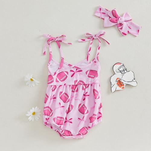 FYBITBO Summer Newborn Baby Clothes For Girls Cute Strap Romper Halter Jumpsuit Bodysuit Sleeveless Outfits Infant Clothing (Bow Football Print-Pink, 6-12 Months)4