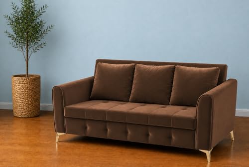 Image of Adorn India Premium Mystic - 3 Years Warranty - 3 Seater Sofa Cum Bed Velvet Suede Fabric - Brown