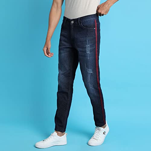 Image of CAHOOT Men's Navy Blue Tapered Dark- Wash Denim Jeans | Stretchable Cotton Mid-Rise Denim Jeans Crafted with Comfort Fit and High Performance for Everyday Wear