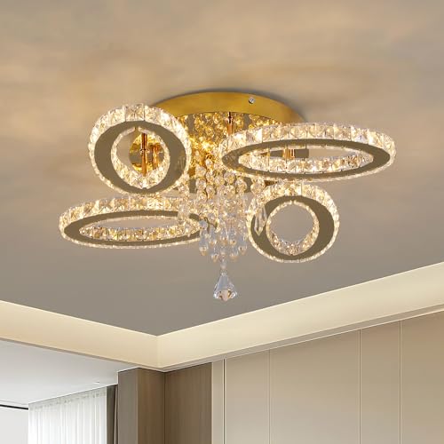 VETRULUS Modern Crystal Chandelier LED 4-Oval Gold Flush Mount Ceiling Lamp, Tri-Color Lighting Fixture for Bedroom, Kitchen, Dining Room, Living Room
