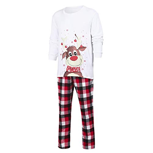 Rockia Christmas Pajamas for Family Cotton Long Sleeves Cute Cartoon Deer Print Graphic Tee and Plaid Pants Soft Sleepwear Sets