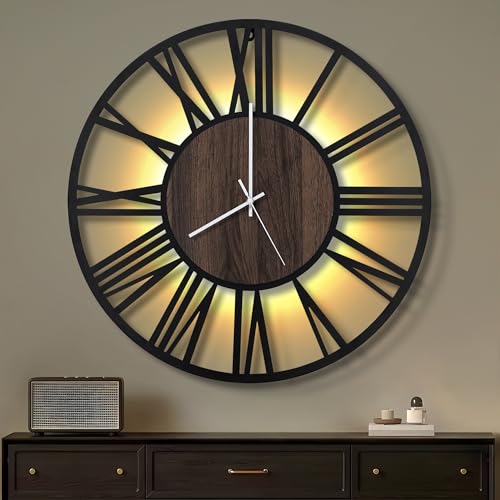 Maxstar Horloge Murale 60CM pour Salon sur Pile, Silencieuse sans Tic-Tac, Style Bois Métal, LED Moderne Chambre/Bureau (Chiffres Romains, Noir-24)