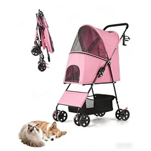 Pet Stroller for Small Medium Dogs Cats – Lightweight 10lbs Foldable Dog Stroller, Breathable Mesh & Safety Tether, 33lbs Capacity with Locking Wheels, Storage Basket for Outdoor Walks-Pink