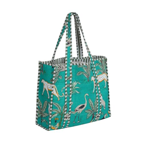 Image of Cotton Tiger Block Print Tote Bag, Indian Handmade Shopping Shoulder Bag, Unisex Market Daily Use