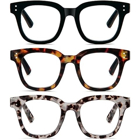 REAVEE 3 Pack Retro Oversized Reading Glasses for Women Blue Light Blocking Cute Stylish Large Frame Square Computer Readers Eye Protection with Spring Hinge,Black Tortoise Grey Tortoise,2.25 Cover