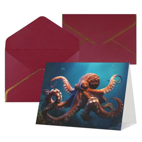 QMNSEHF 空白のグリーティングカード 封筒付き Thank YouCard 海洋動物 タコ ハッピーバースデーカード 女性用 男性用 クリスマス ハロウィン 結婚式 ブランク ノートカード あらゆる機会のグリーティングカード 4x6