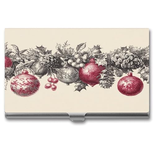 Christmas Rnaments Pine Cones Holly Berries Vintage Business Card Holder, Pocket Slim Metal Business Card Case for Women Men