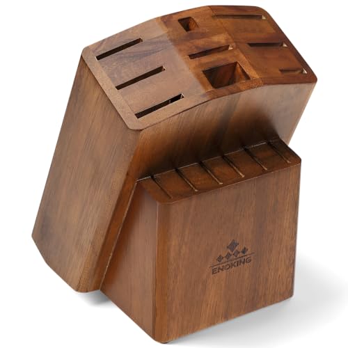ENOKING 15 Slots Universal Knife Block, Acacia Wood Knife Block without Knives, Knife Holder for Kitchen Counter- Wider Angled Openings for Keeping Knives Sharp