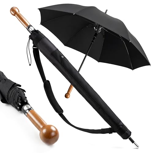 Sicherheitsschirm Selbstverteidigungsschirm XXL Extrem stabil & nahezu unzerbrechlich Fiberglas-Kern Massivholzgriff Sturmfest für 2 Personen Regenschirm Selbstverteidigung schwarz