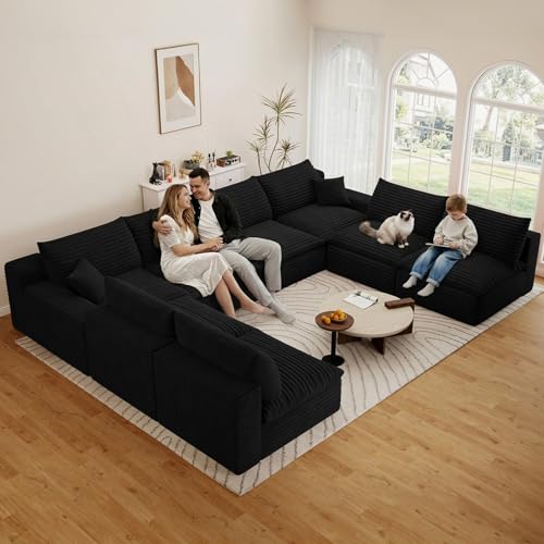 Image of 136 inch Cloud Couch Modular Sectional Sofa for Living Room, U-Shape Boneless Couch with Deep Seat, Modern Corduroy 8-Seater, No Assembly Required, Black