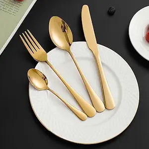 HOKIPO Gold Cutlery Set of 24 Pcs Stainless Steel Flatware Set, Mirror Finish with Gift Box (AR4570)