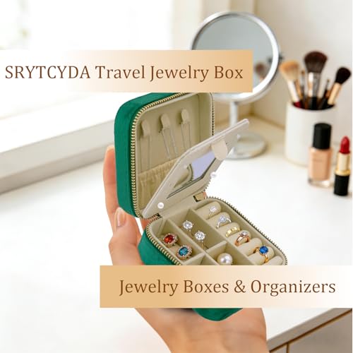 SRYTCYDA 4PC Travel Jewelry Case for Women, 3.93" × 3.93" Portable Small Velvet Jewelry Organizer Travel with Mirror, Mini Jewelry Box for Earrings, Rings, Necklaces (Dark Green) — view 5