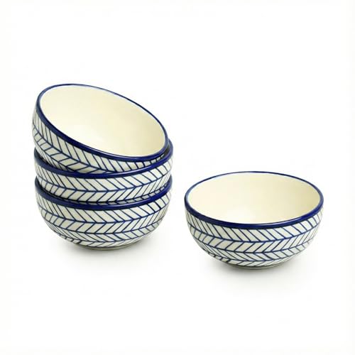 Image of ExclusiveLane 'Indigo Chevron' Ceramic Bowls for Serving Bowl Set (Set of 4, Microwave & Diswasher Safe, Each Bowl Capacity : 380 ml) |Bowl for Kitchen Snacks Serving Bowl Ceramic Snack Bowl