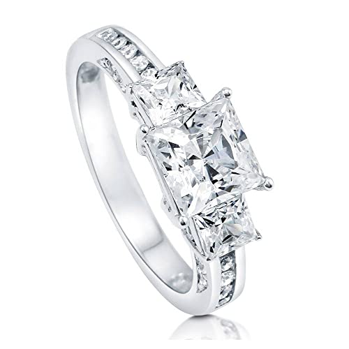 BERRICLE Sterling Silver 3-Stone Wedding Engagement Promise Rings for Her, 1.6 Carat Princess Cut Cubic Zirconia CZ Ring by BERRICLE - Used condition - US$44.08
