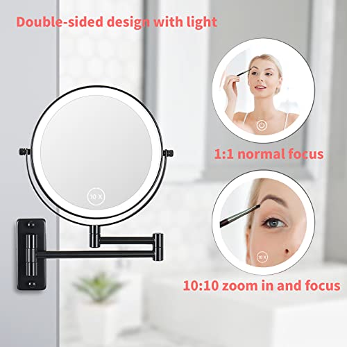 Keilefo Wall Mounted Makeup Mirror 10X Majnifying Mirror Led Light Dimmable Touch Screen, Usb Charge, Extendable Double Sided Vanity Mirror 8 Inch, Black #TOP3
