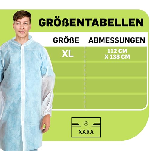 XARA Schutzkittel Einweg - Einweg-Schutzkittel – Einwegkittel – Einheitsgröße - Größe XL -112 x 138cm - TNT Polypropylen 25 gr - Einwegkittel mit Kontaktverschluss - Atmungsaktiv - 10 Stück