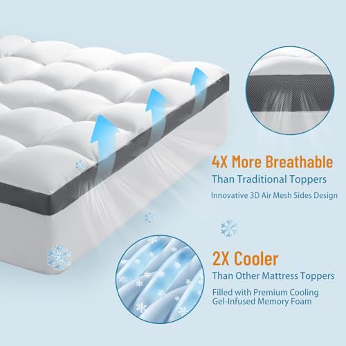4 Inch Memory Foam Mattress Topper, Cooling Extra Thick 2000 GSM Pillow Top Mattress Pad for Back Pain Relief,Soft Breathable Mattress Cover for Fluffy Shredded Memory Foam Filled (Queen, 60